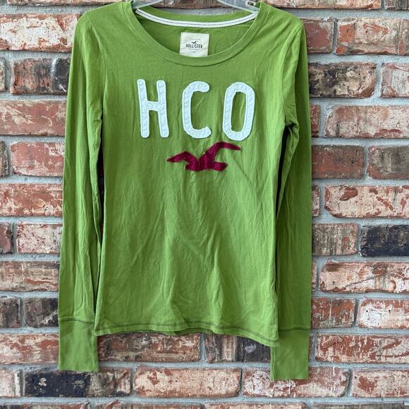 Hollister Y2K Green Long Sleeve Womens Tee Size Large Logo Preppy Casual - Picture 2 of 6